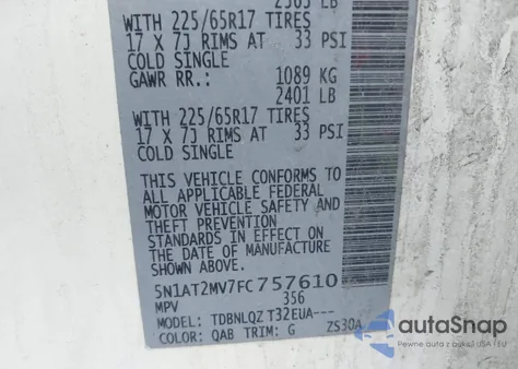 2015 Nissan Rogue Sv from USA, damaged, VIN 5N1AT2MV7FC757610